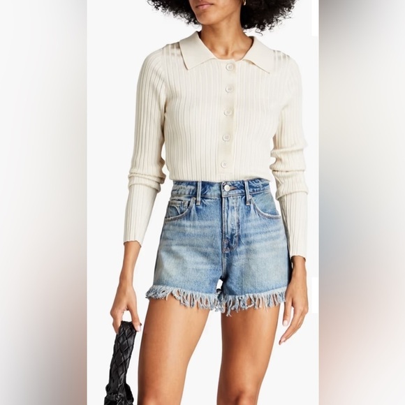 NEW GOOD AMERICAN Women’s Ribbed-Knit Polo Sweater in Ecru Sz 00/0 - Picture 1 of 13